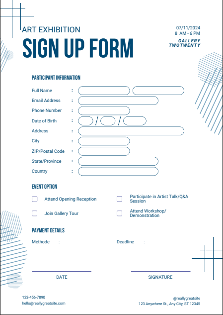 Blue Lines Creative Art Exhibition Sign-Up Form (A4 Printable & Editable)