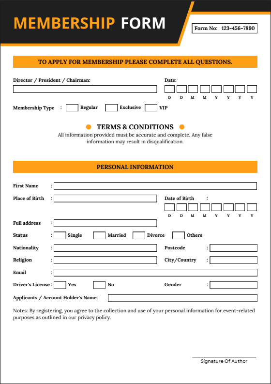 Black & Orange Minimalist Membership Application Form (A4 Printable & Editable)