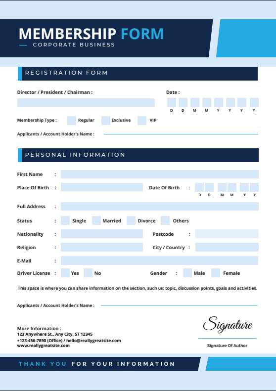 Blue Modern Corporate Business Membership Form (A4 Printable & Editable)